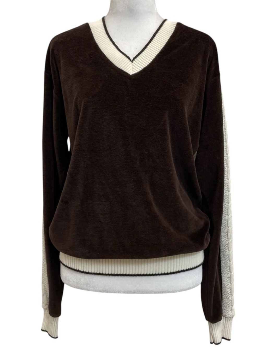 Montgomery Ward Vintage 70s Brown Velour V-Neck Campus Pullover Sweater
